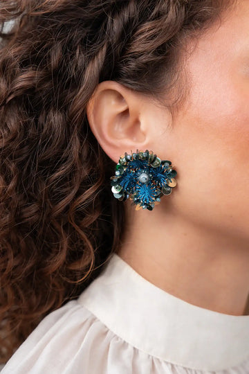 Blauwe Oorbellen Flower w/ Sequins S Aster