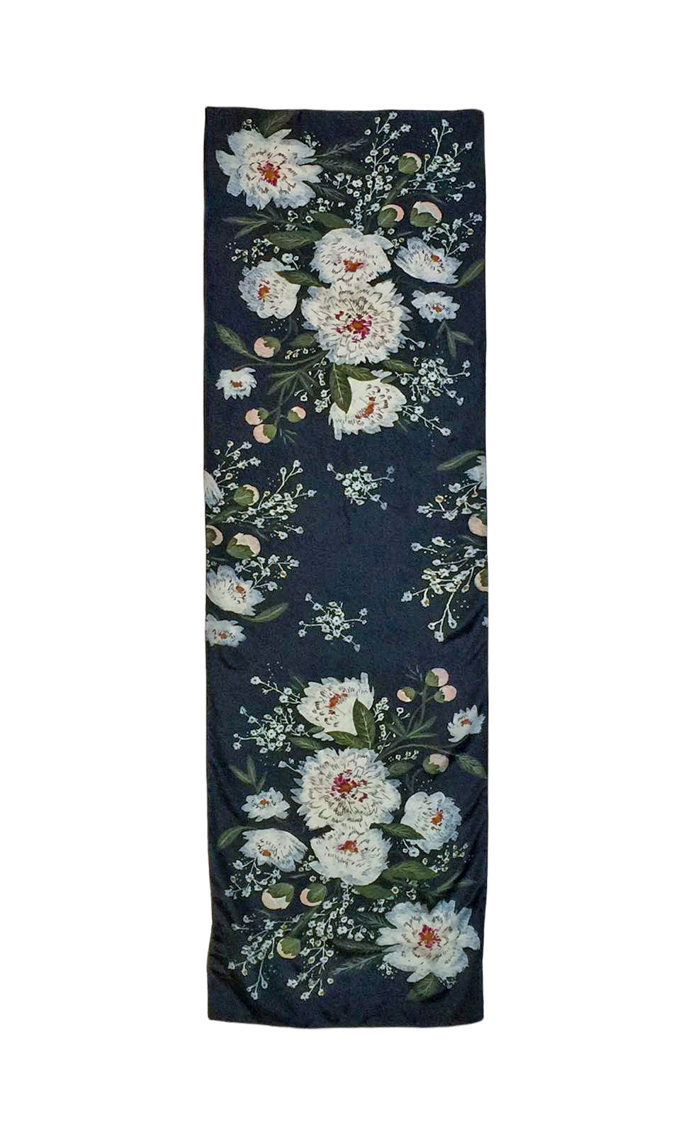 OTRACOSA - Scarf Silk – White Flowers on Black
